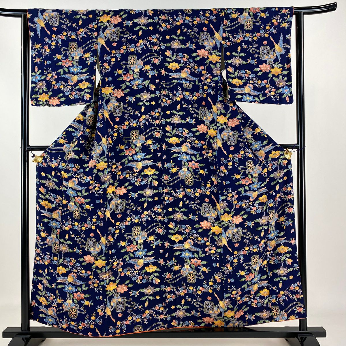 小紋 身丈156.5cm 裄丈63cm S 袷 鳥 枝花 縮緬 濃紺 正絹 優品|中古