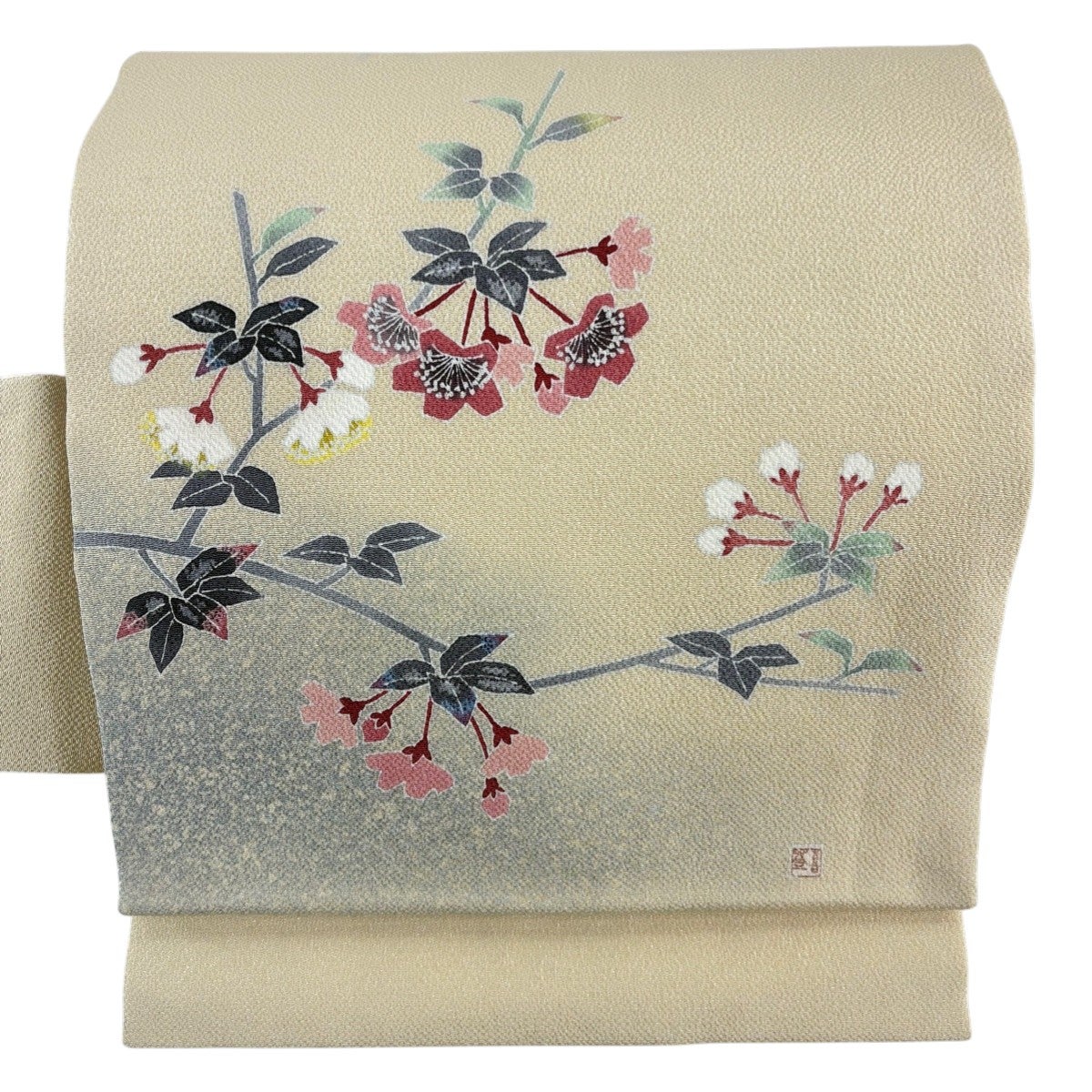 名古屋帯 逸品 羽田登喜 落款あり 枝桜 縮緬 ベージュ 正絹｜中古