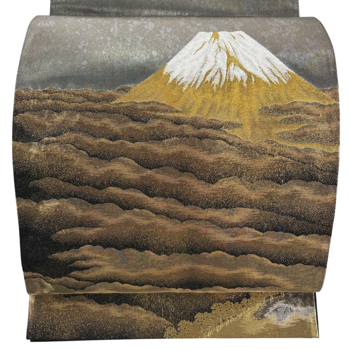 【chika 】横山大観「朝陽霊峰」じゅらく謹製　袋帯　正絹　箱・付録付き 美品】 袋帯 名品 横山大観 落款あり じゅらく 朝陽霊峰 箔 金糸 金茶