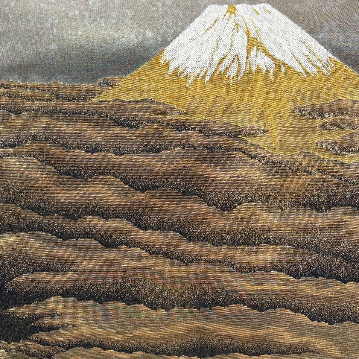 美品】 袋帯 名品 横山大観 落款あり じゅらく 朝陽霊峰 箔 金糸 金茶