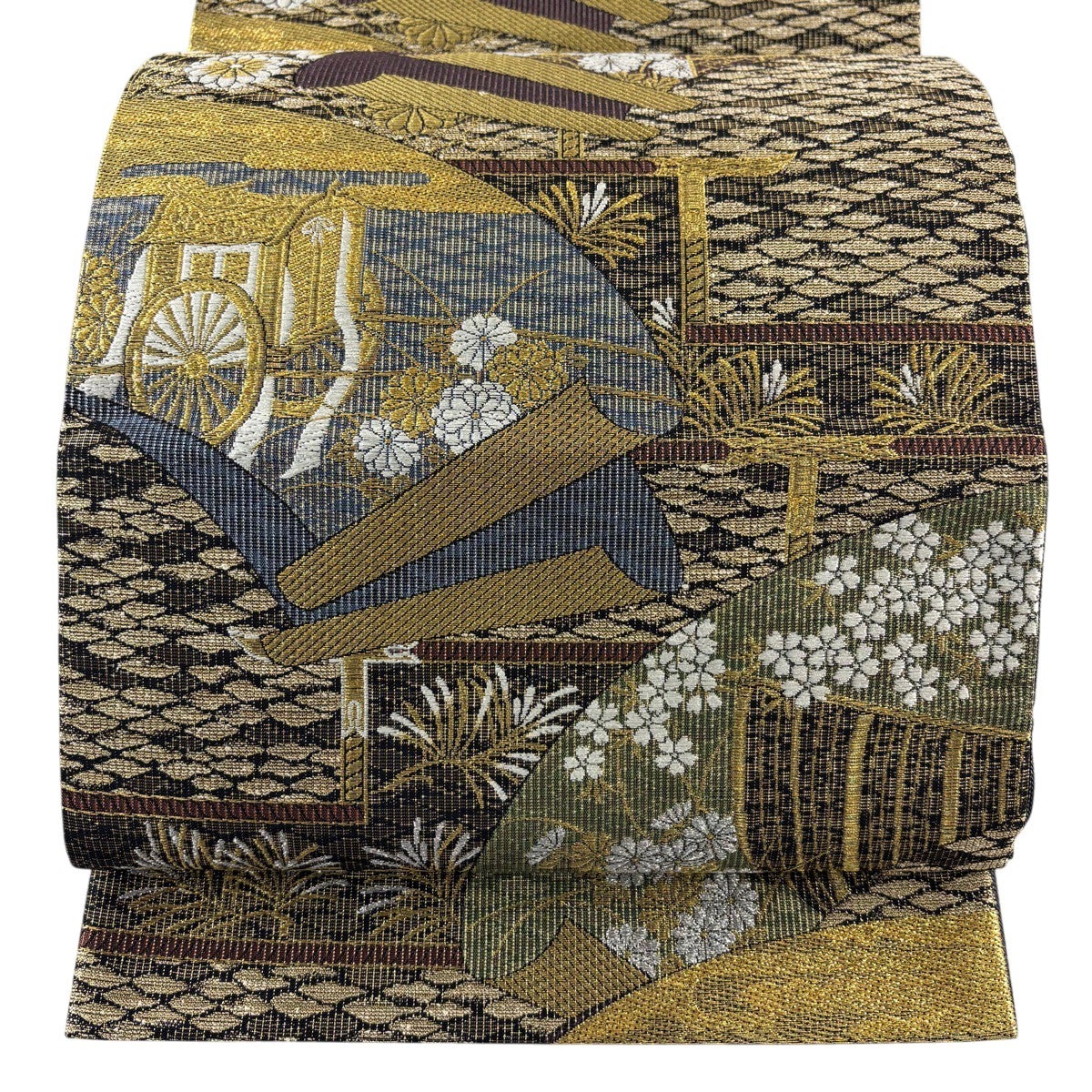 30%OFF 【美品】 袋帯 秀品 花丸文 蝶 唐織 箔 黒 六通 正絹 K30｜中古