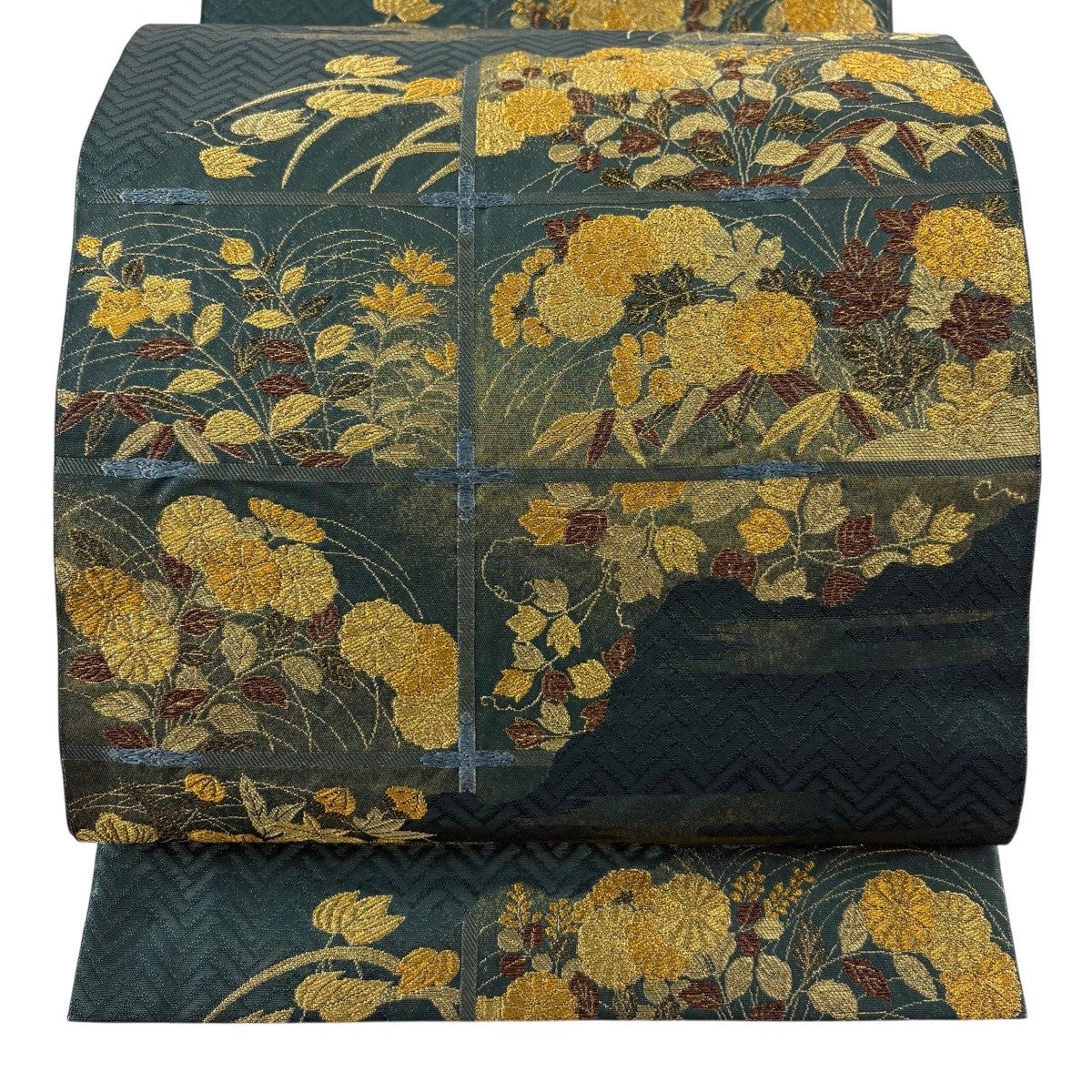 美品】 袋帯 秀品 草花 ヱ霞 金糸 箔 茶緑色 六通 正絹｜中古・古着