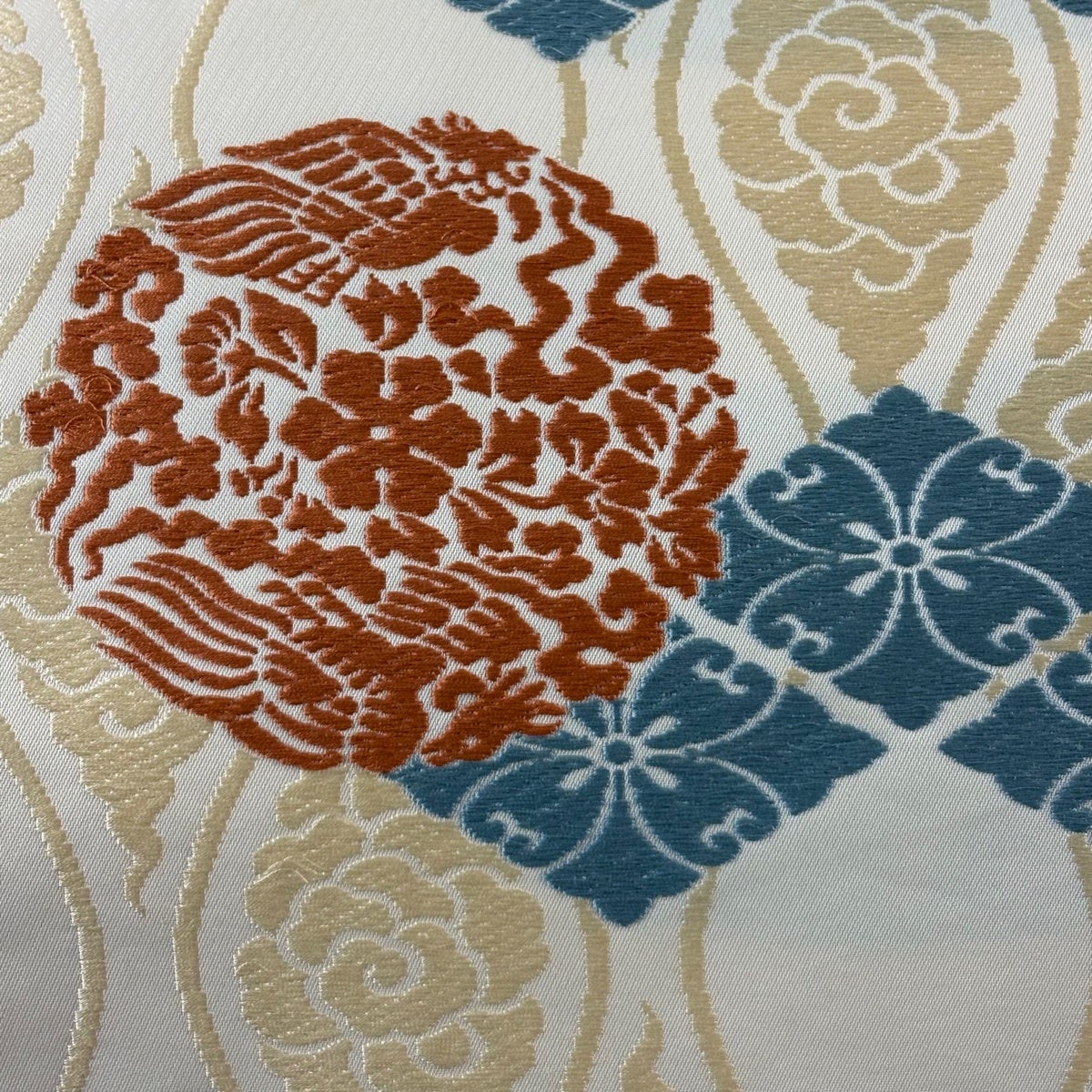 開き名古屋帯 名品 花鳥丸文 花菱 唐織 ベージュ 正絹｜中古・古着