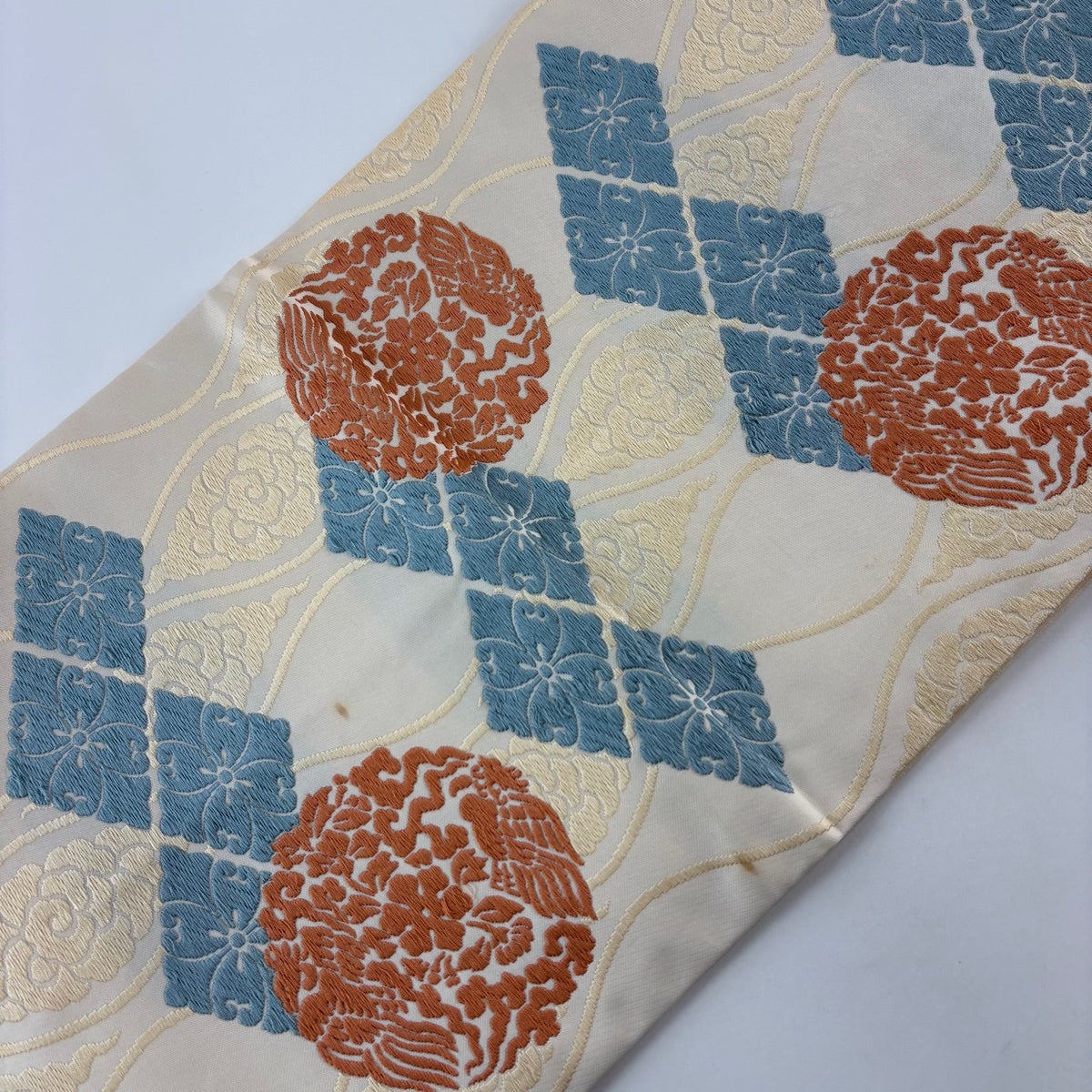 開き名古屋帯 名品 花鳥丸文 花菱 唐織 ベージュ 正絹｜中古・古着