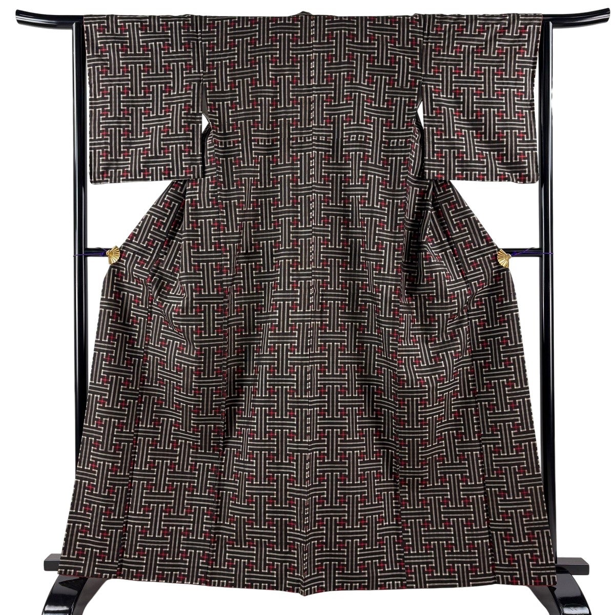 紬 身丈162.5cm 裄丈63.5cm S 袷 アンサンブル 幾何学 焦茶色 正絹