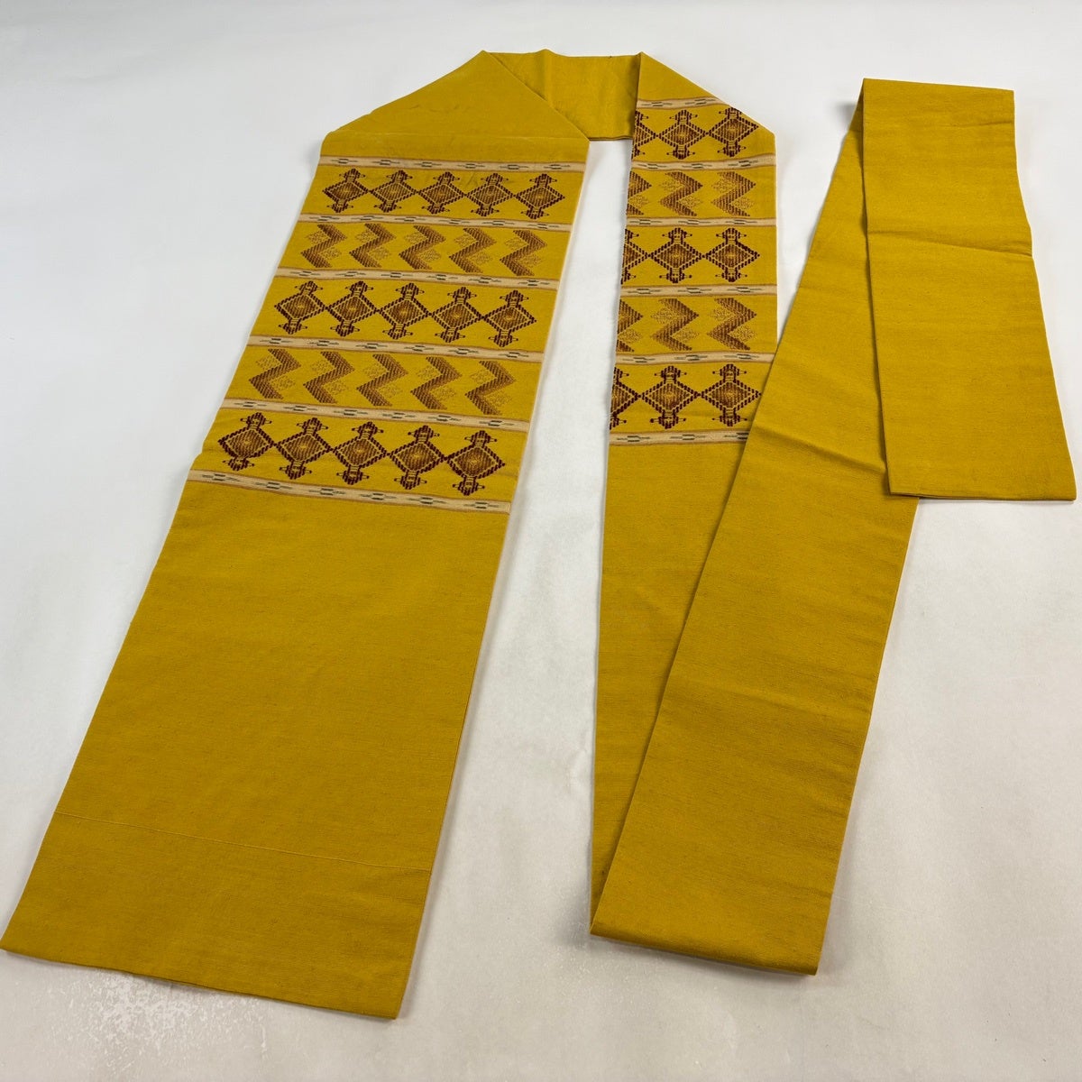 20%OFF 名古屋帯 逸品 紬地 幾何学模様 からし色 正絹 K30｜中古・古着