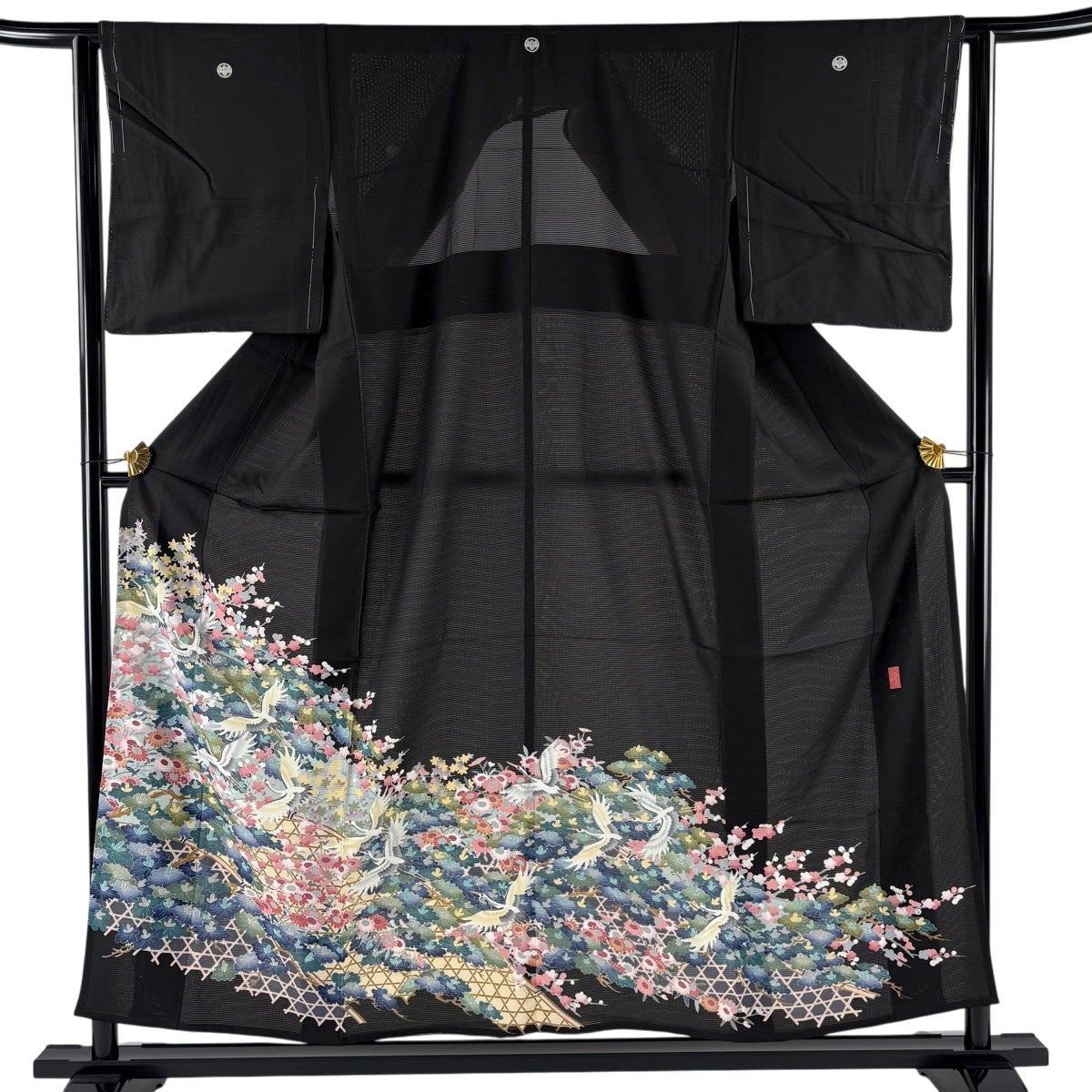 黒留袖 身丈154cm 裄丈62.5cm S 薄物 絽 落款あり 鶴 松梅 黒 正絹 秀