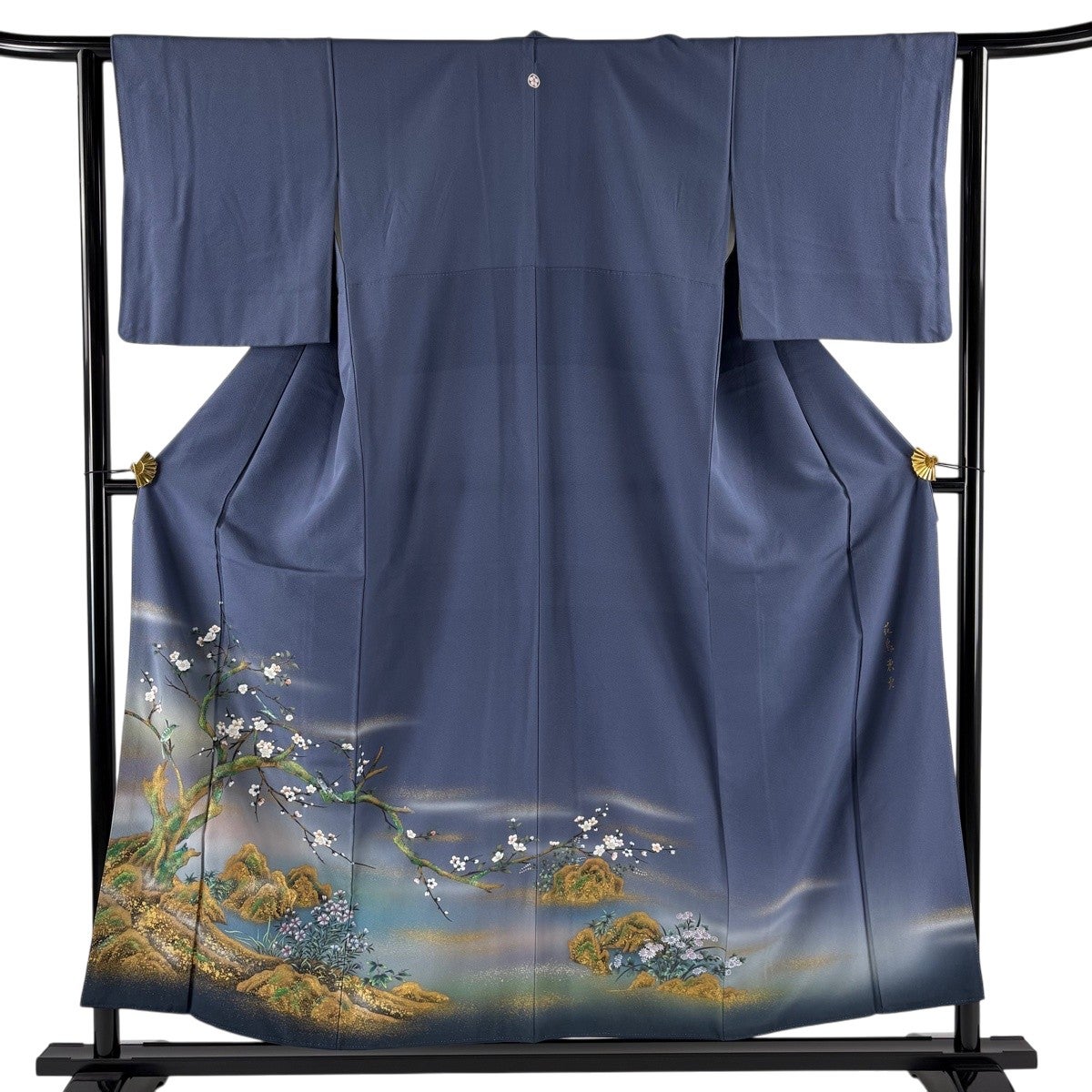 色留袖 身丈155cm 裄丈62.5cm S 袷 花鳥東雲 枝梅 金彩 ぼかし 藍色