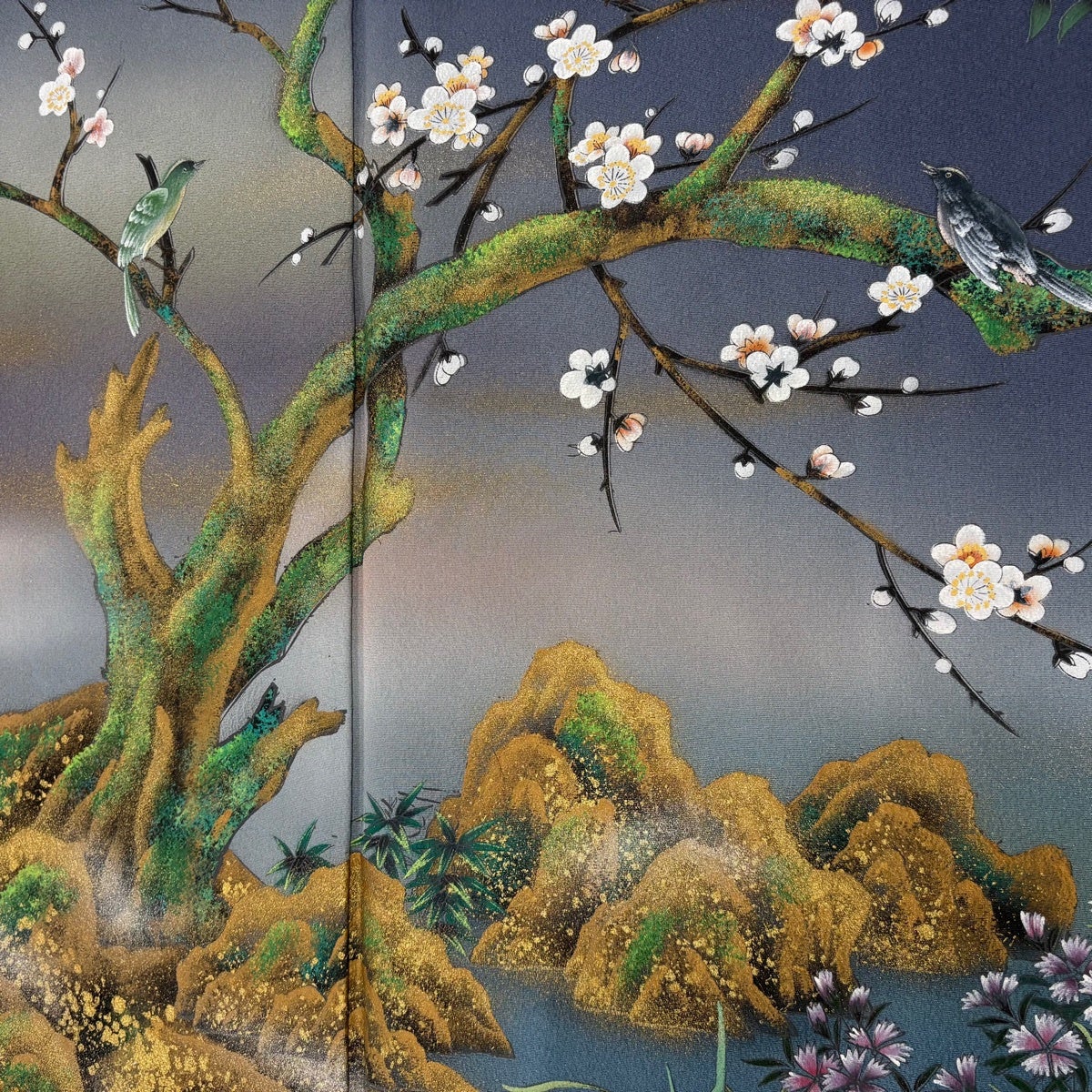 <Umeko>U202 身丈150cm 銘仙 着物☆☆☆ツヤ感 色留袖 身丈155cm 裄丈62.5cm S 袷 花鳥東雲 枝梅 金彩 ぼかし 藍色
