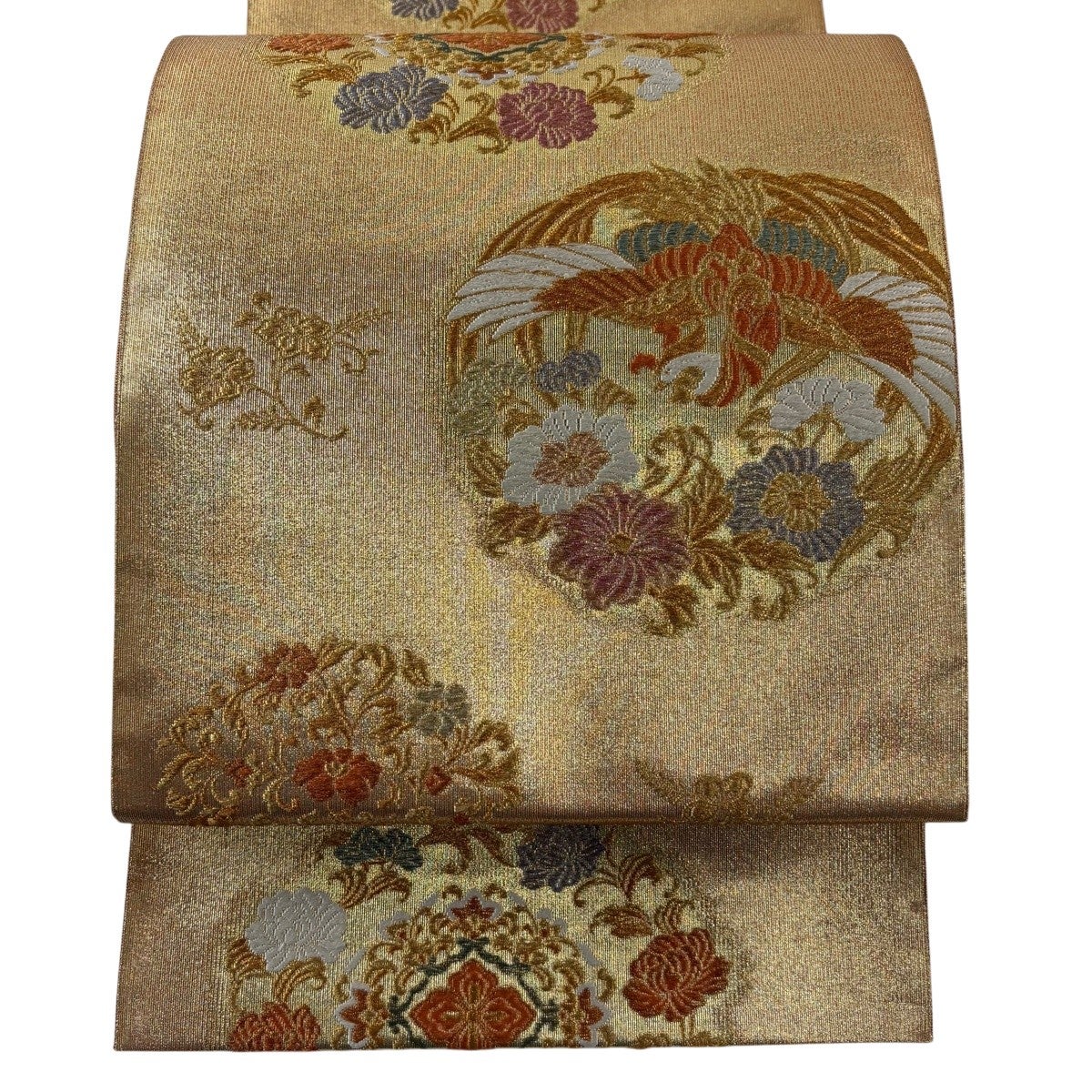 美品】 袋帯 秀品 鳳凰 華文 金糸 箔 金色 六通 正絹｜中古・古着