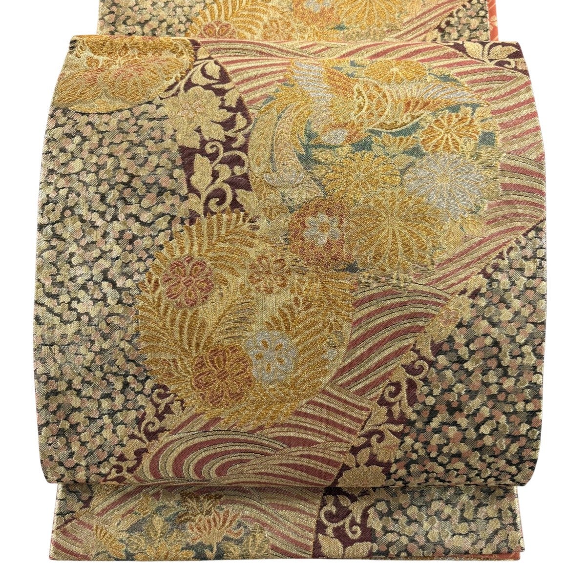 総刺繍級】上質 袋帯 グレージュ 金糸 くすみカラー 花丸文 柔らか 軽量