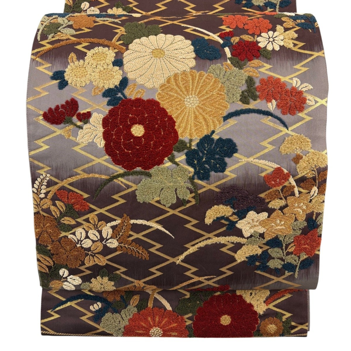 袋帯 逸品 辻村ジュサブロー 落款あり 草花 箔 深緑 六通 正絹｜中古