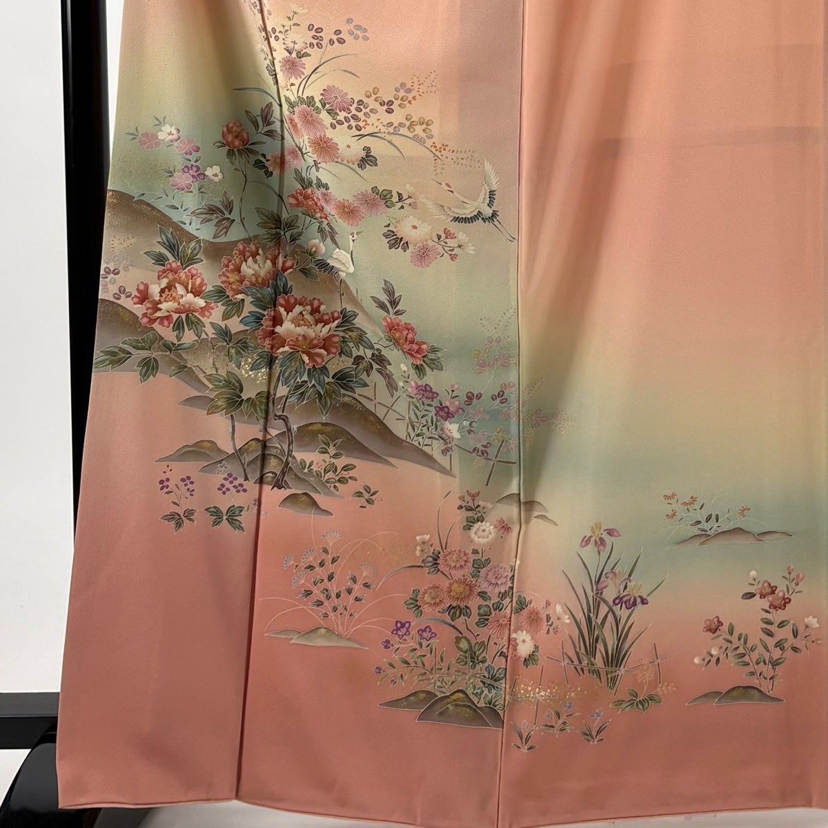 訪問着 身丈166cm 裄丈66cm M 袷 落款あり 草花 鶴 金彩 ぼかし ピンク