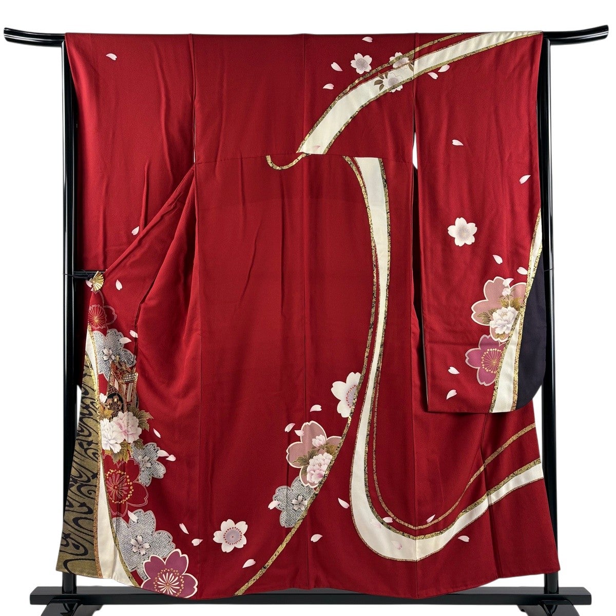 振袖 身丈155.5cm 裄丈64.5cm M 袷 御所車 桜 金糸 金彩 赤 正絹 秀品