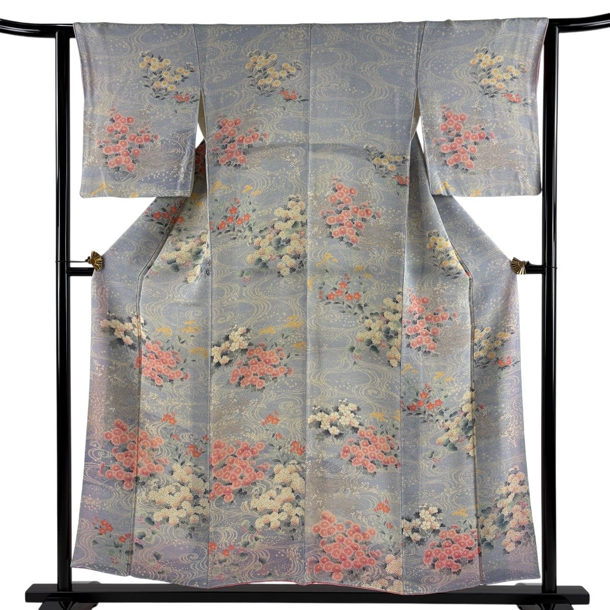 付下げ 身丈153cm 裄丈63cm S 袷 草花 流水 縮緬 青灰色 正絹 秀品