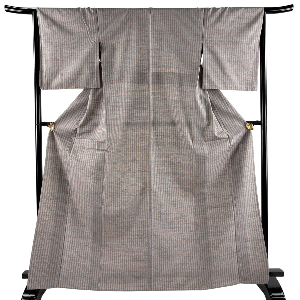 美品】 紬 身丈167.5cm 裄丈64.5cm M 単衣 格子 灰色 正絹 秀品｜中古