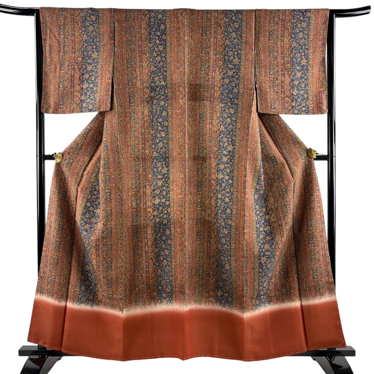美品】 付下げ 身丈158.5cm 裄丈63.5cm S 袷 草花 縦縞 金通し 赤茶