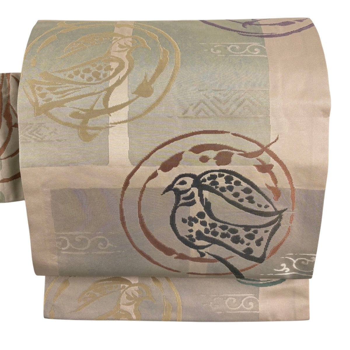 美品】 名古屋帯 優品 落款あり 鳥 幾何学模様 箔 ベージュ 正絹｜中古