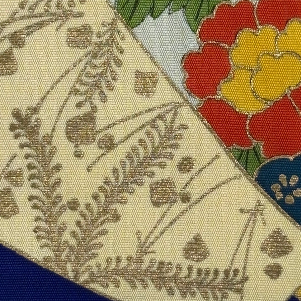 名古屋帯 優品 扇 草花 金彩 紺色 正絹｜中古・古着・リサイクル着物