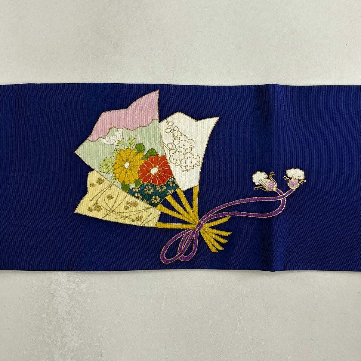 名古屋帯 優品 扇 草花 金彩 紺色 正絹｜中古・古着・リサイクル着物