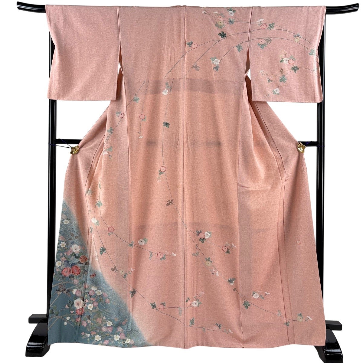 訪問着 身丈167.5cm 裄丈68.5cm L 袷 落款あり 椿 菊 染め分け ぼかし