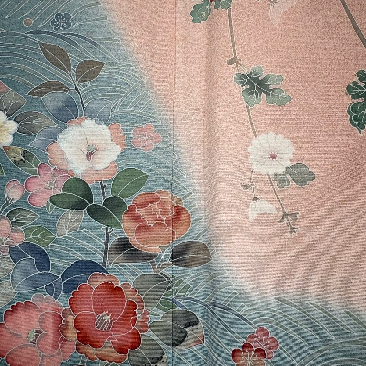 訪問着 身丈167.5cm 裄丈68.5cm L 袷 落款あり 椿 菊 染め分け ぼかし