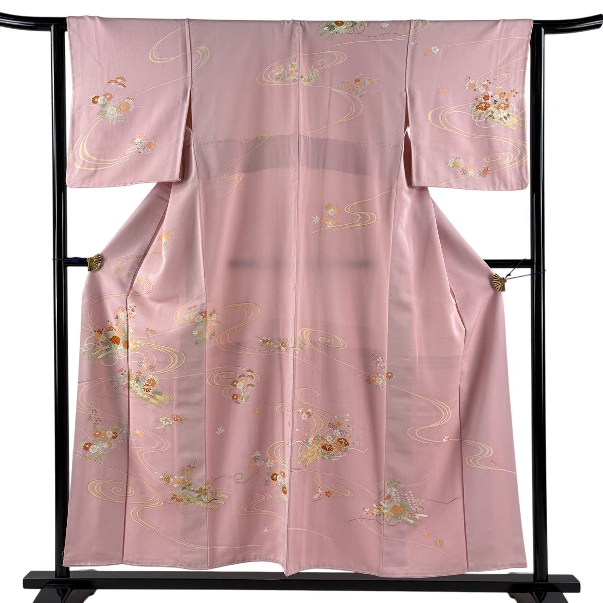訪問着 身丈152cm 裄丈64.5cm M 袷 花筏 流水 金糸 金彩 ピンク 正絹