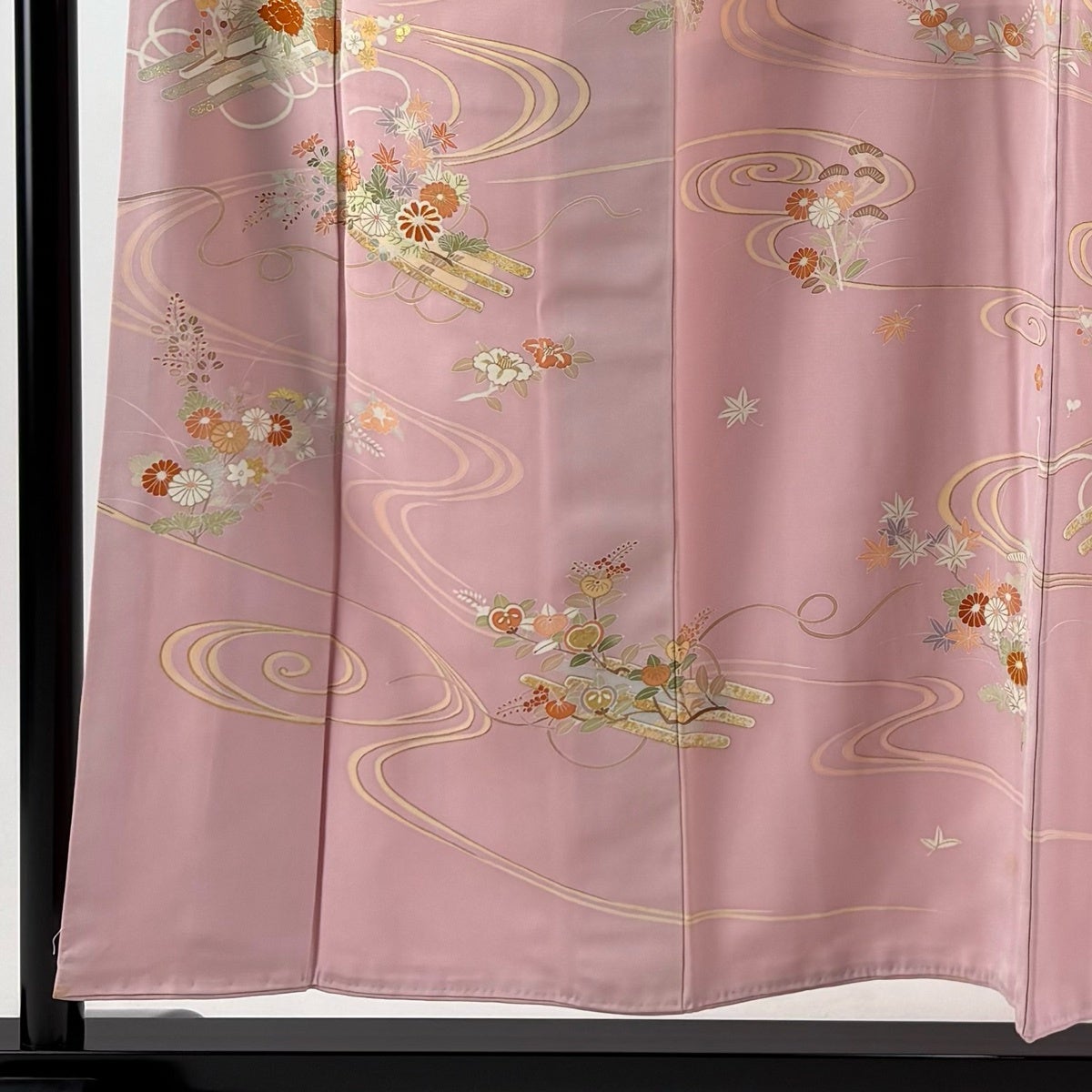 【美品＊逸品】花筏の訪問着　スモールサイズ　ピンク　正絹　特価☆ 訪問着 身丈152cm 裄丈64.5cm M 袷 花筏 流水 金糸 金彩 ピンク 正絹