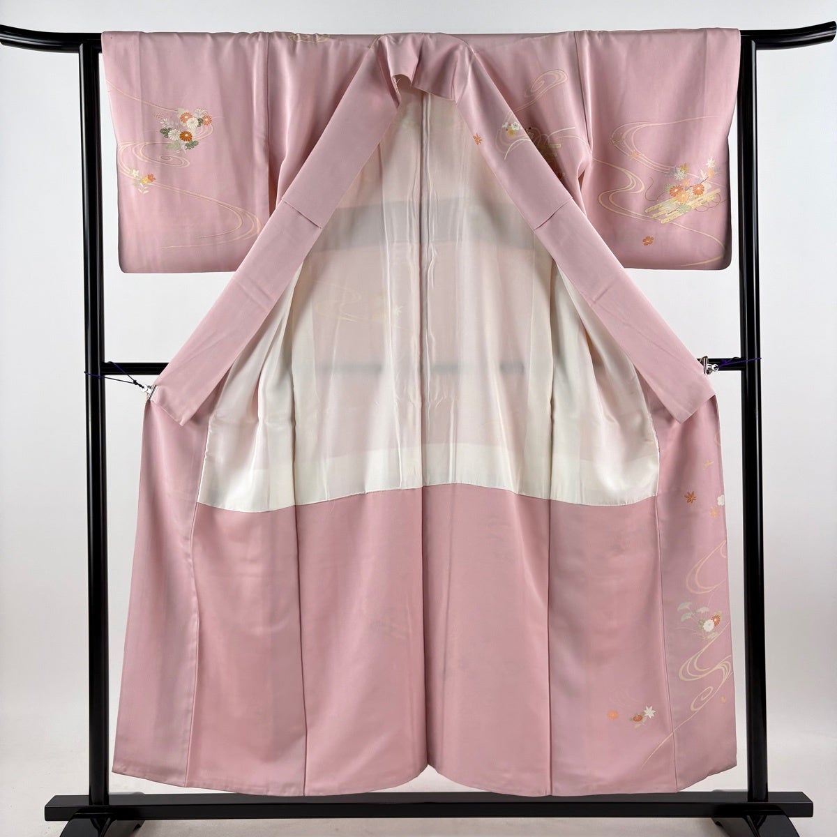 訪問着 身丈152cm 裄丈64.5cm M 袷 花筏 流水 金糸 金彩 ピンク 正絹