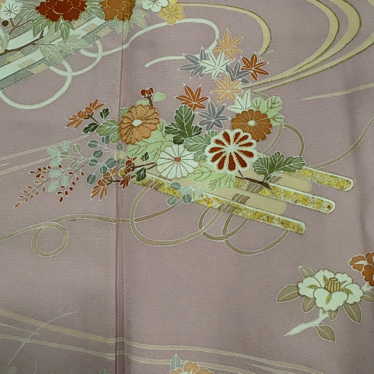 訪問着 身丈152cm 裄丈64.5cm M 袷 花筏 流水 金糸 金彩 ピンク 正絹