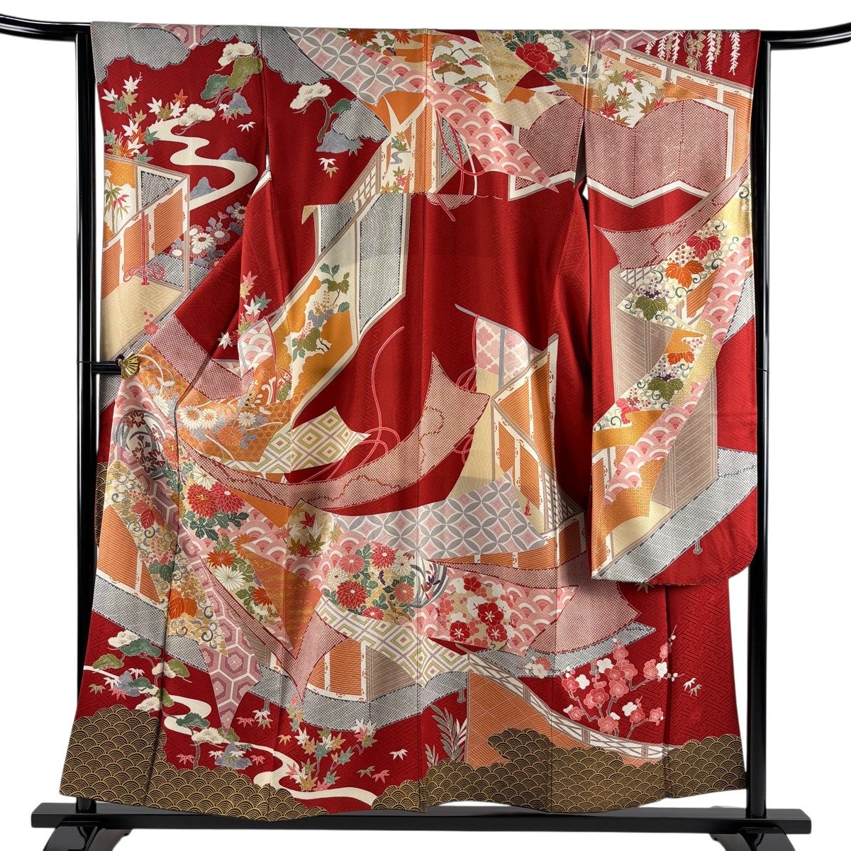 振袖 身丈155.5cm 裄丈64.5cm M 袷 菊 有職文様 金糸 金彩 赤 正絹 秀