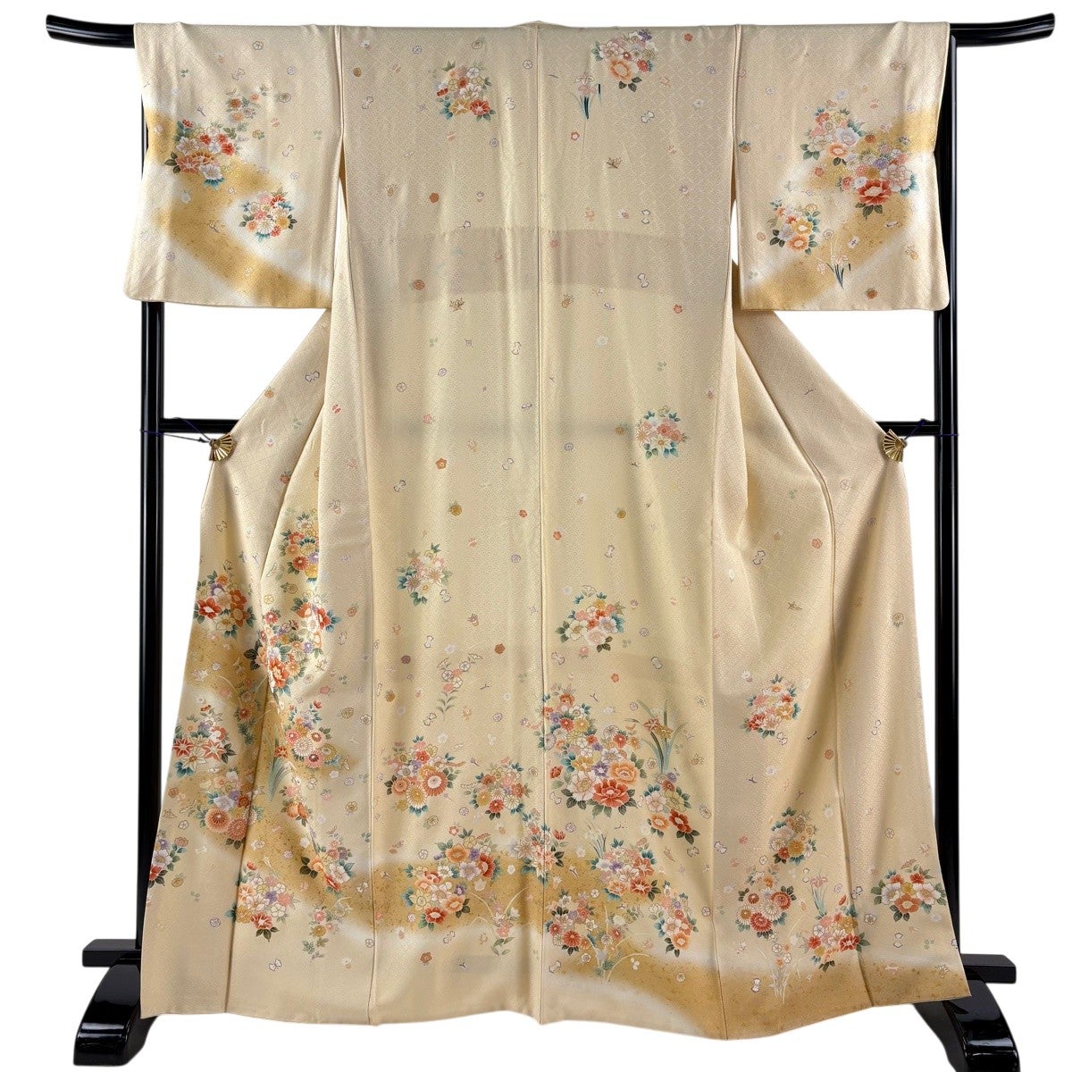 訪問着 身丈165.5cm 裄丈67.5cm L 袷 草花 霞 金糸 金彩 薄黄 正絹 秀