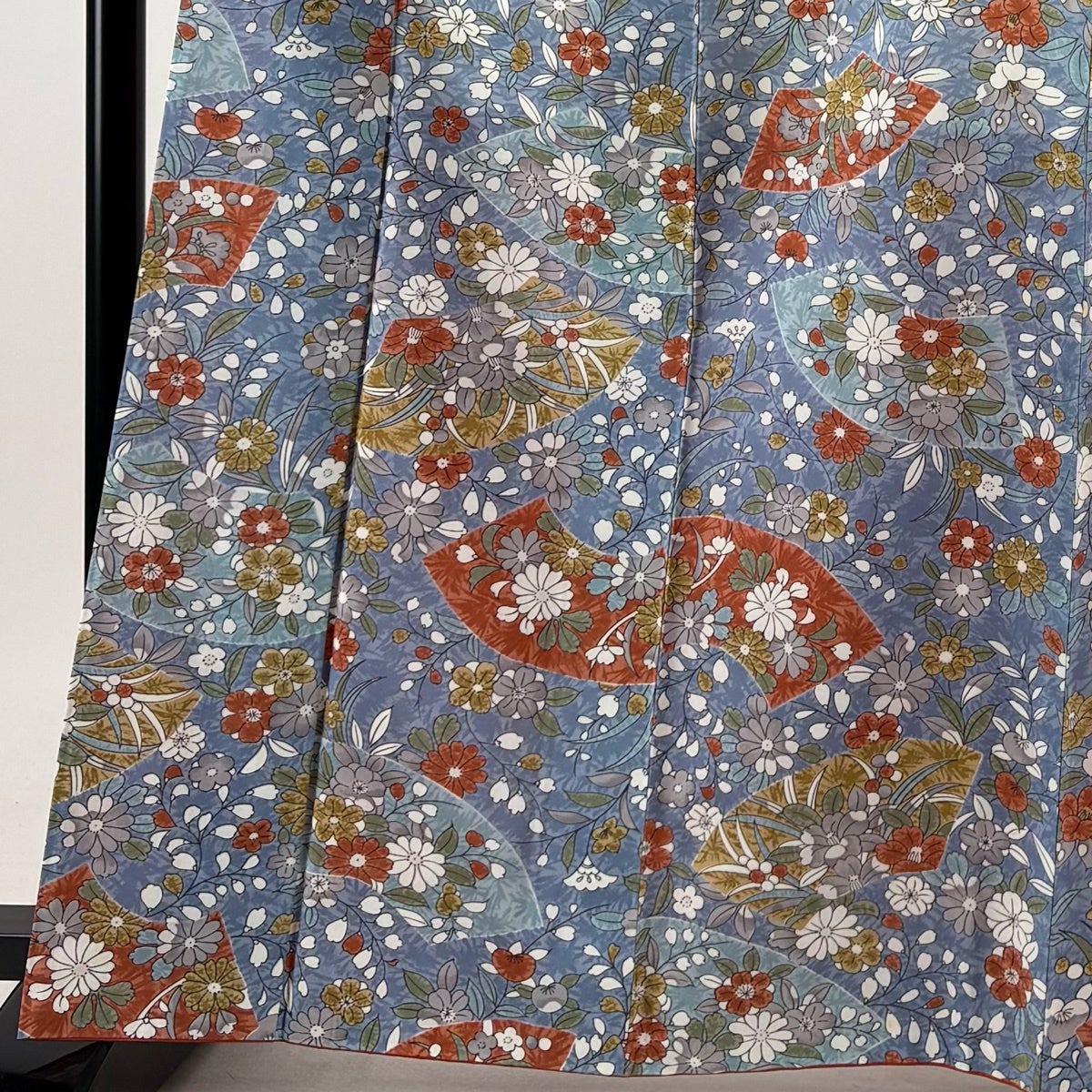 小紋 身丈165cm 裄丈65cm M 袷 紬地 扇面 草花 青灰色 正絹 秀品｜中古