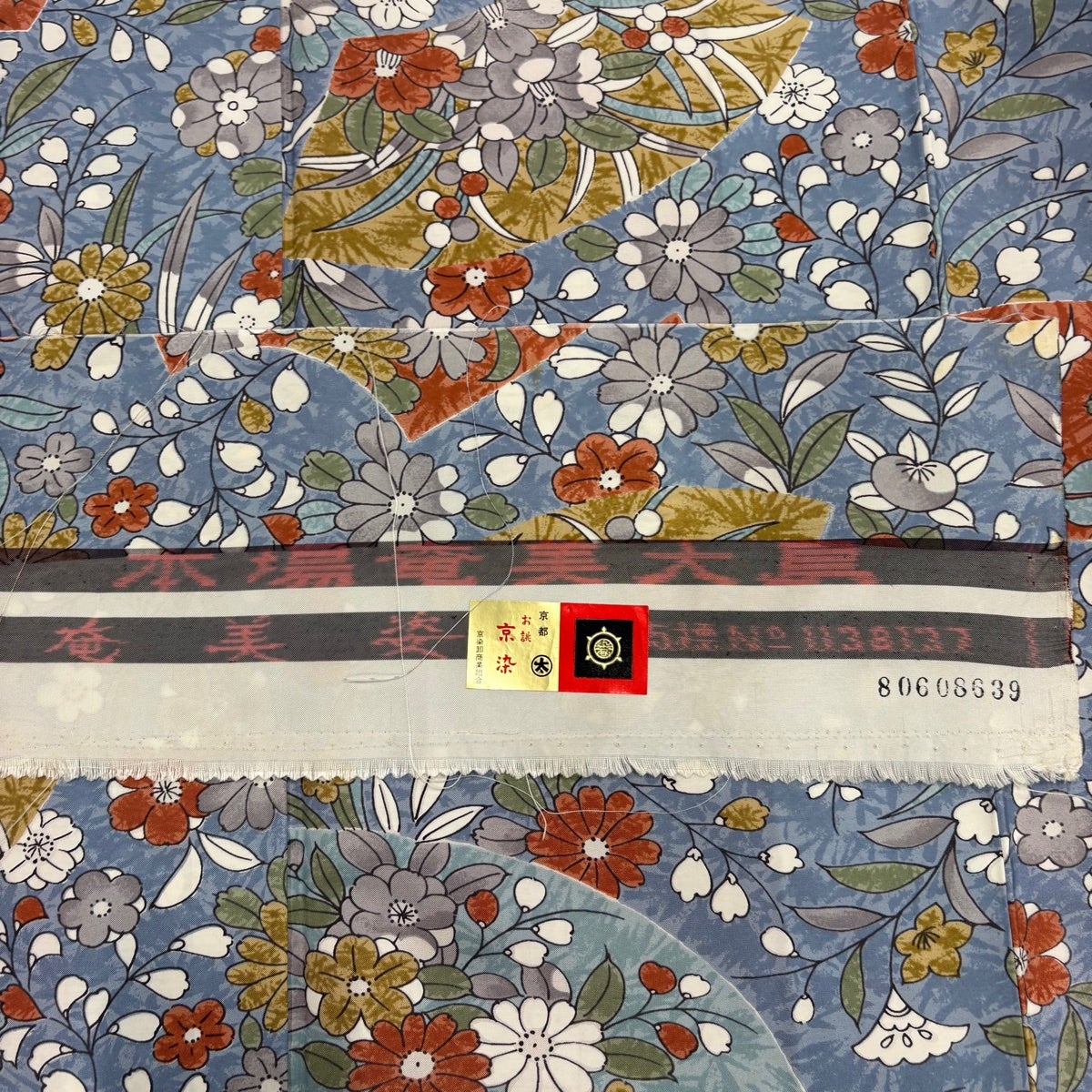 小紋 身丈165cm 裄丈65cm M 袷 紬地 扇面 草花 青灰色 正絹 秀品｜中古