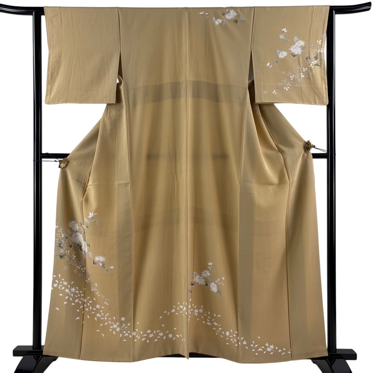 訪問着 身丈159cm 裄丈63.5cm S 袷 菊 葉柄 黄土色 正絹 秀品｜中古