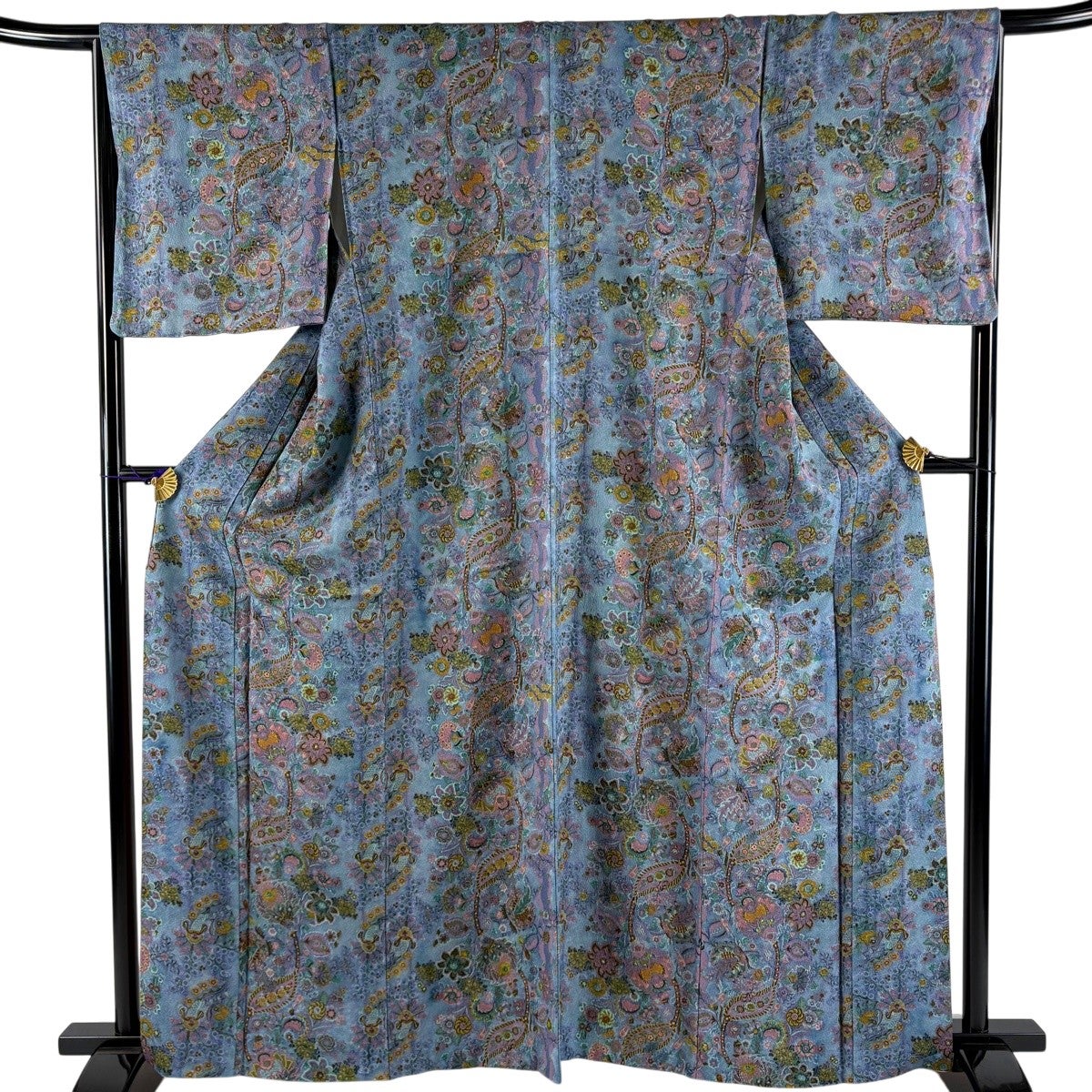 美品】 小紋 身丈162cm 裄丈66.5cm M 袷 草花 更紗 青灰色 正絹 名品 美品】 小紋 身丈162cm 裄丈66.5cm M 袷 草花 更紗 青灰色 正絹 名品
