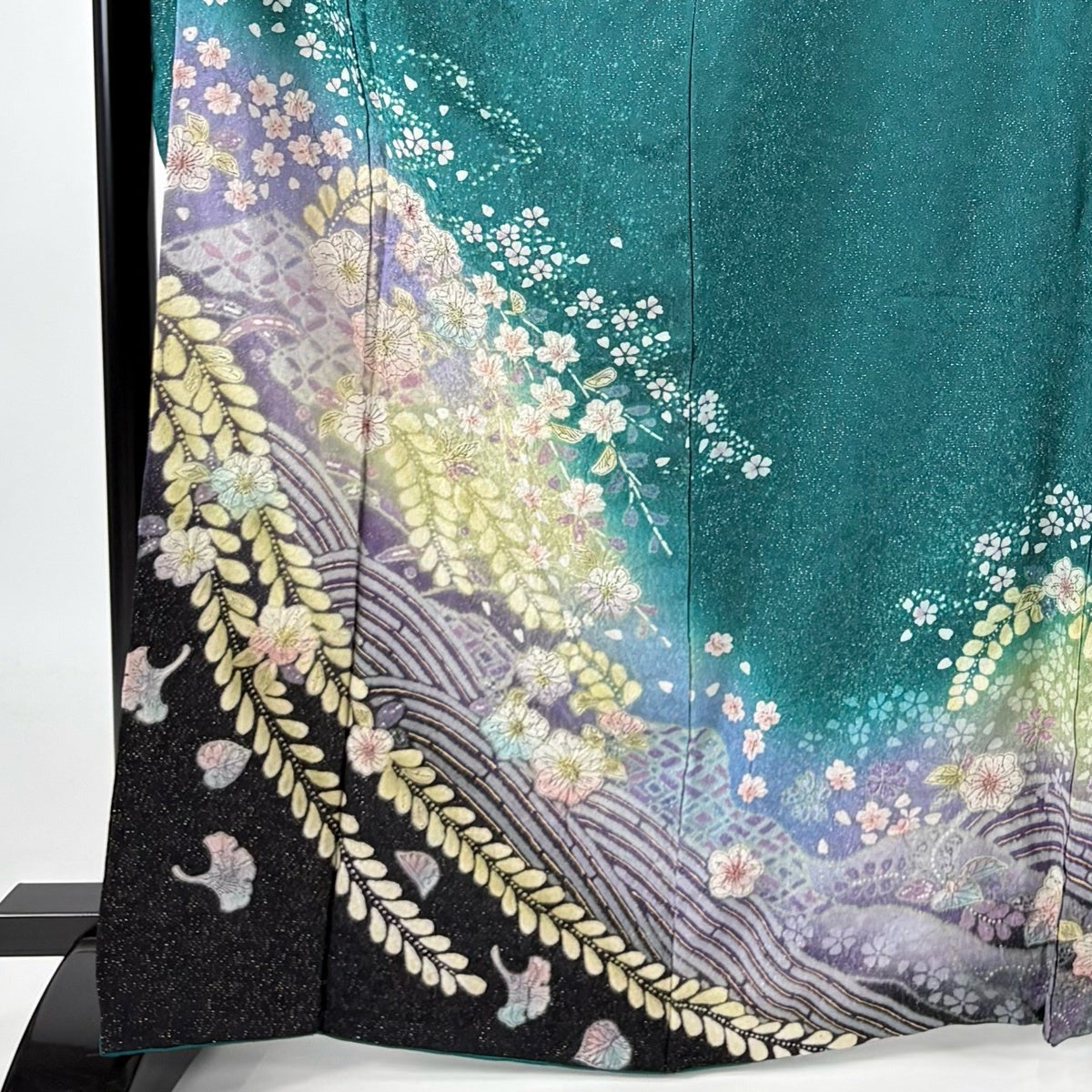 振袖 身丈166.5cm 裄丈66cm M 袷 落款あり 辻が花 波 銀通し 金彩 緑