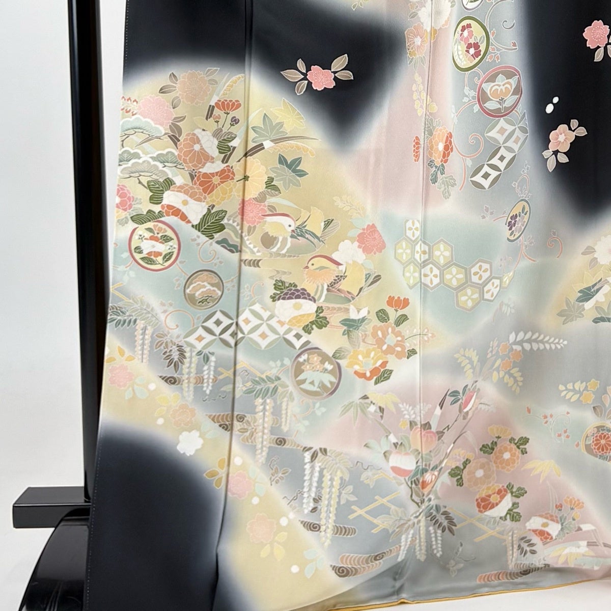訪問着 身丈173cm 裄丈71cm L 袷 落款あり 草花 鴛鴦 ぼかし 黒 正絹
