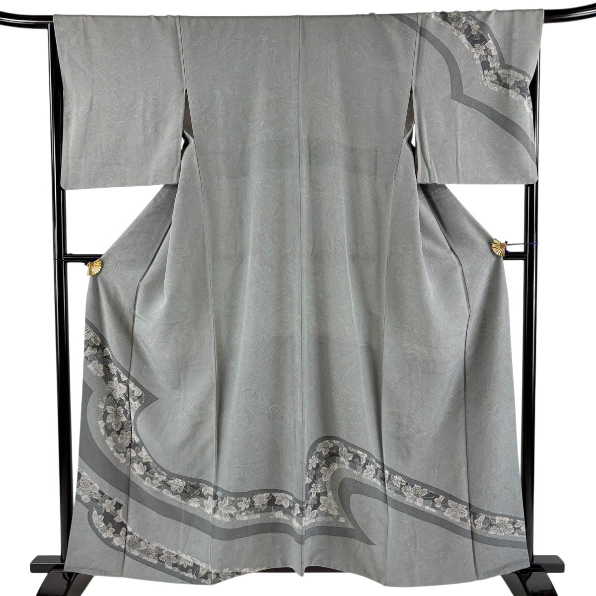 美品】 訪問着 身丈160cm 裄丈68cm L 袷 葉柄 墨流し 灰色 正絹 名品