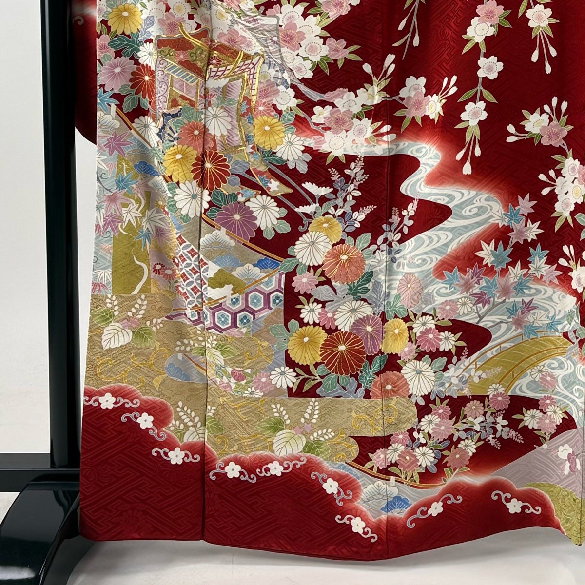 振袖 身丈166cm 裄丈70cm L 袷 御所車 菊 金糸 金彩 赤 正絹 名品