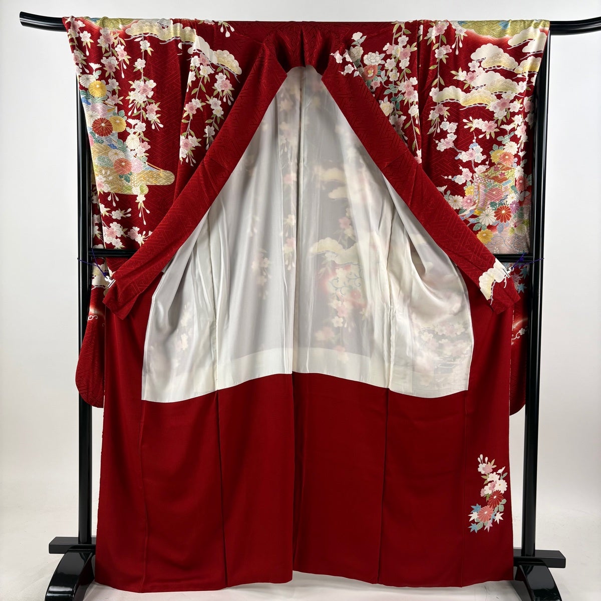 振袖 身丈166cm 裄丈70cm L 袷 御所車 菊 金糸 金彩 赤 正絹 名品