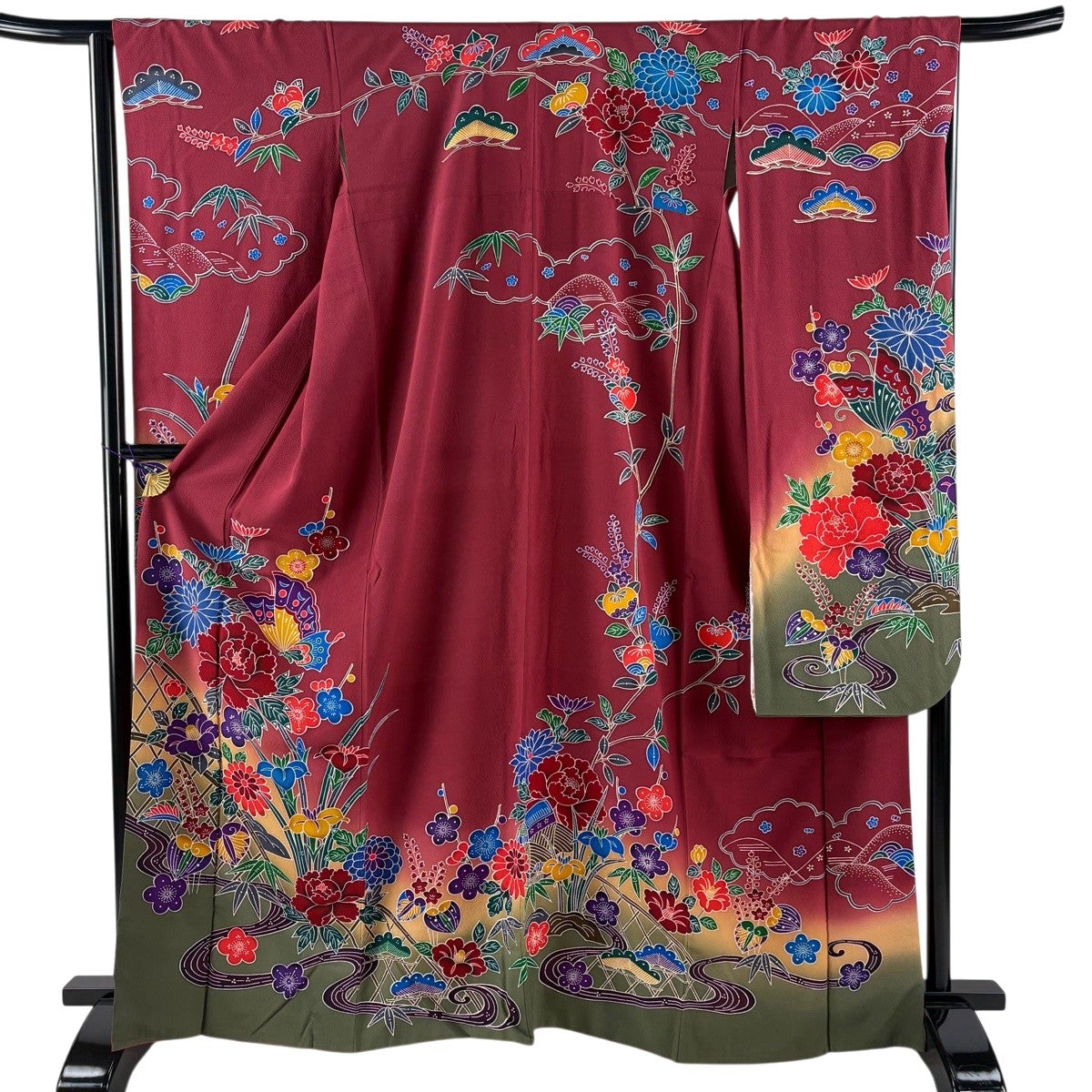 振袖 身丈164cm 裄丈64cm M 袷 草花 蝶 染め分け えんじ色 正絹 名品