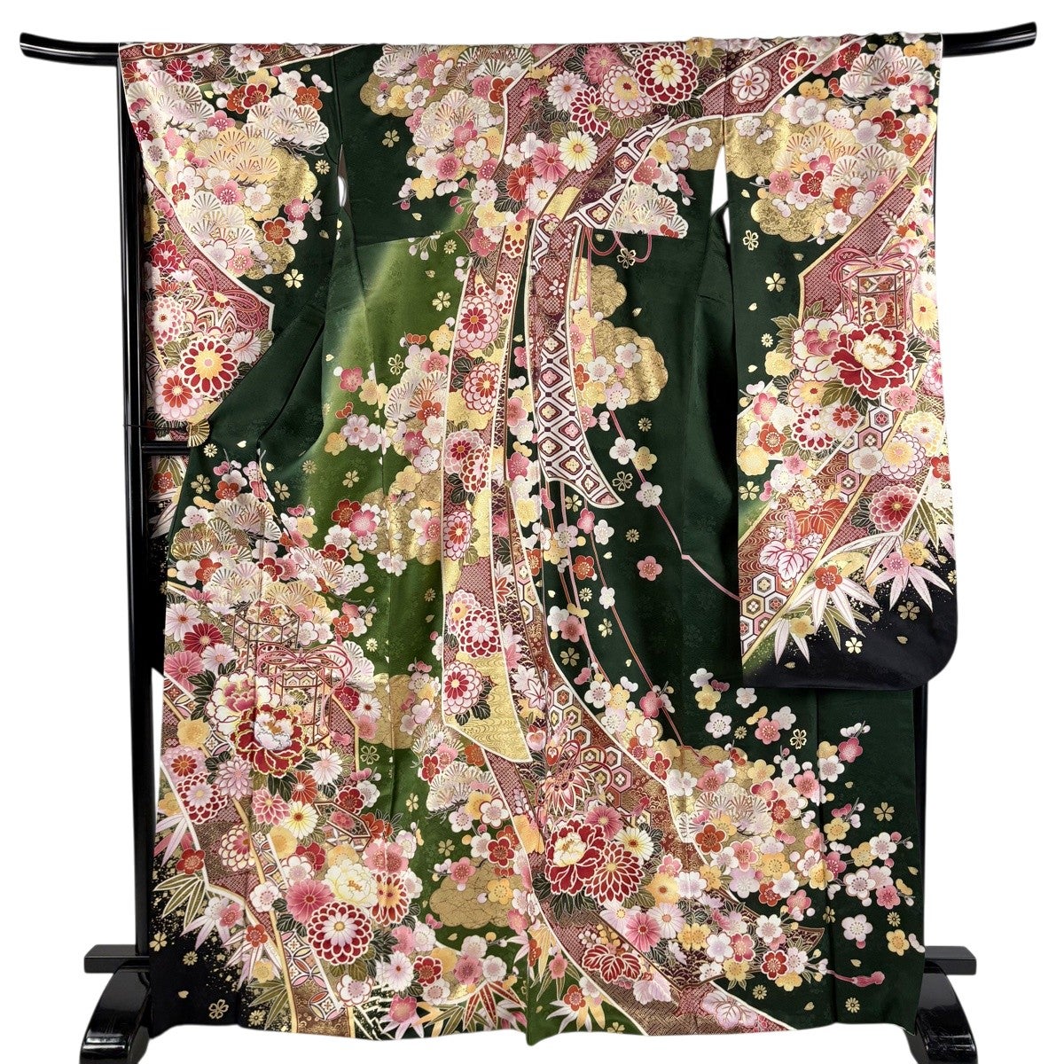 緑 花々 藤 菊 八重桜 振袖 身丈157 振袖／八重桜秘めて／紺色 | 振袖レンタル·購入や成人式の着付けは