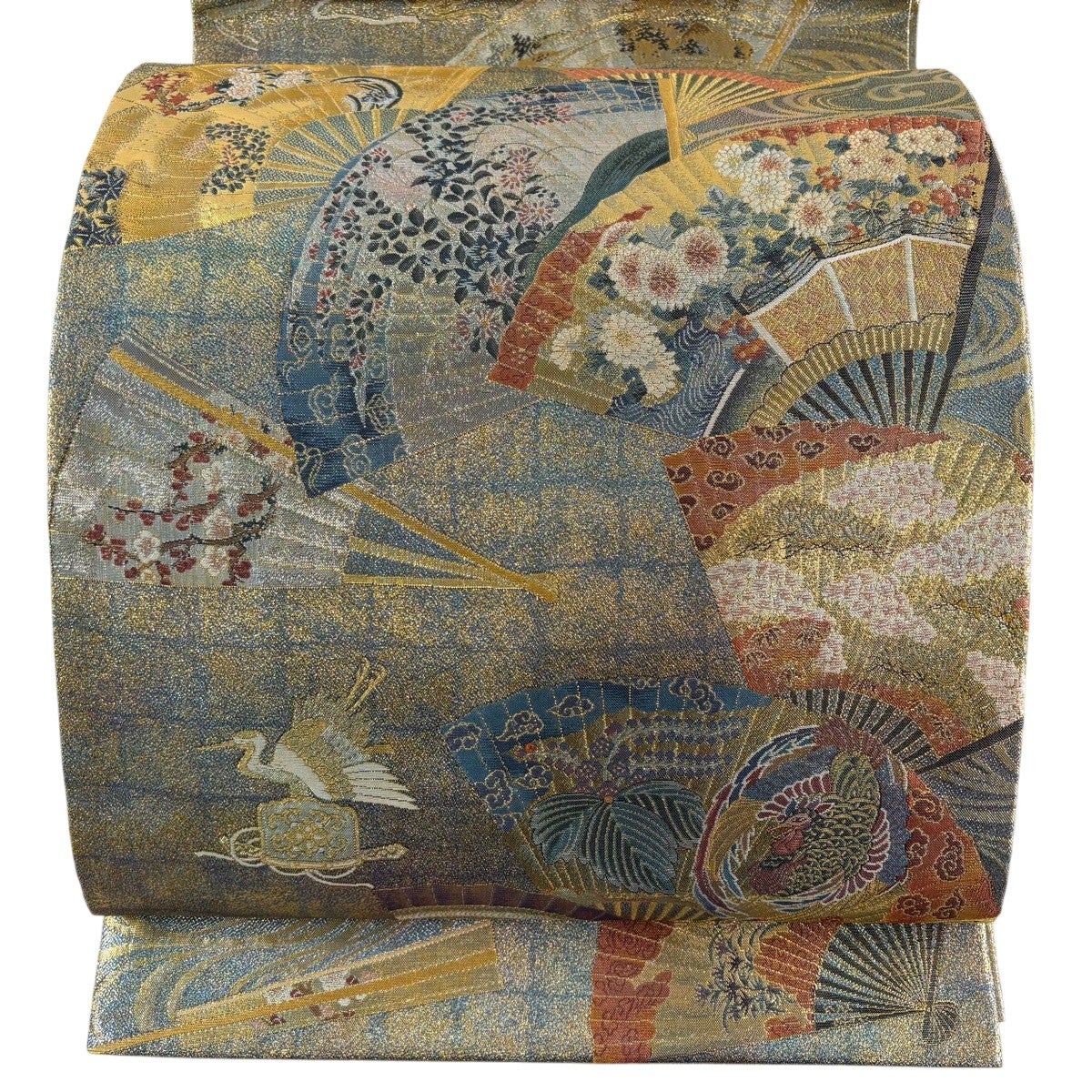 美品】 袋帯 名品 扇 花鳥 金糸 箔 金色 お太鼓柄 正絹｜中古・古着