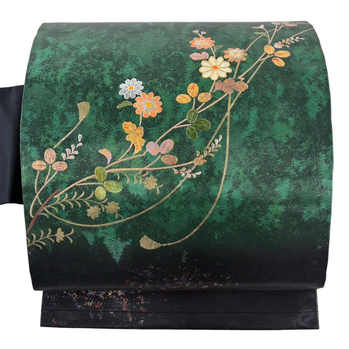 開仕立て　新品未使用　正絹　名古屋帯　菊　ラメ　金彩 名古屋帯 名品 関西仕立て 菊 萩 金銀彩 螺鈿 黒 正絹｜中古・古着