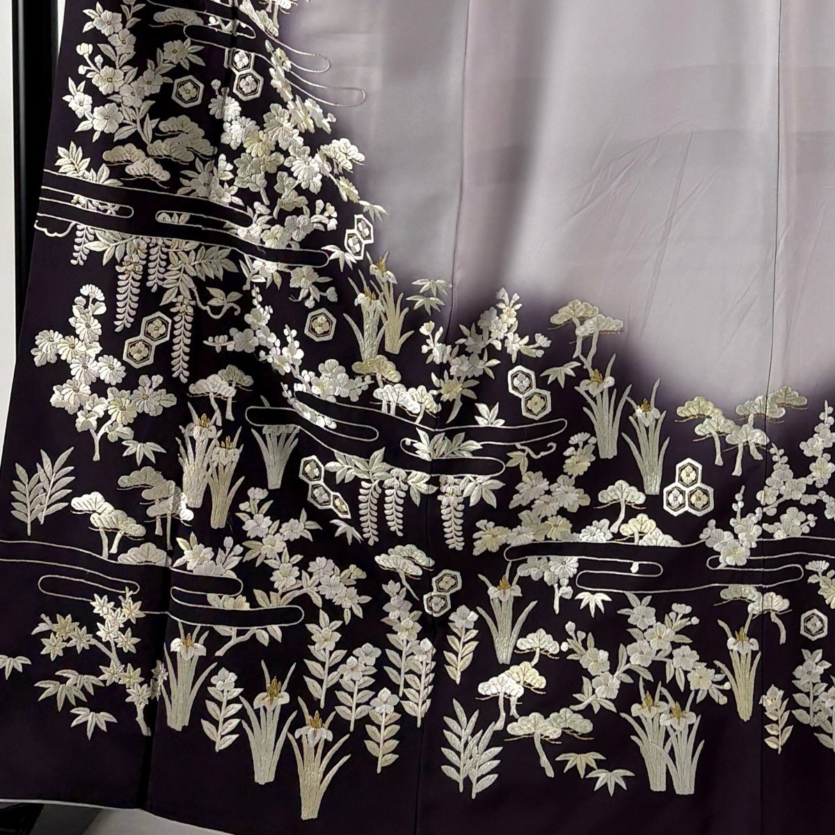 訪問着 身丈166.5cm 裄丈66cm M 袷 松竹梅 ヱ霞 日本刺繍 金糸 濃紫