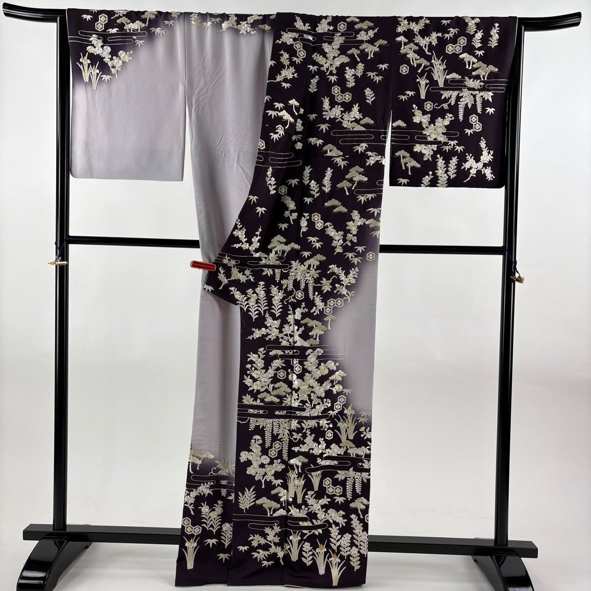 訪問着 身丈166.5cm 裄丈66cm M 袷 松竹梅 ヱ霞 日本刺繍 金糸 濃紫