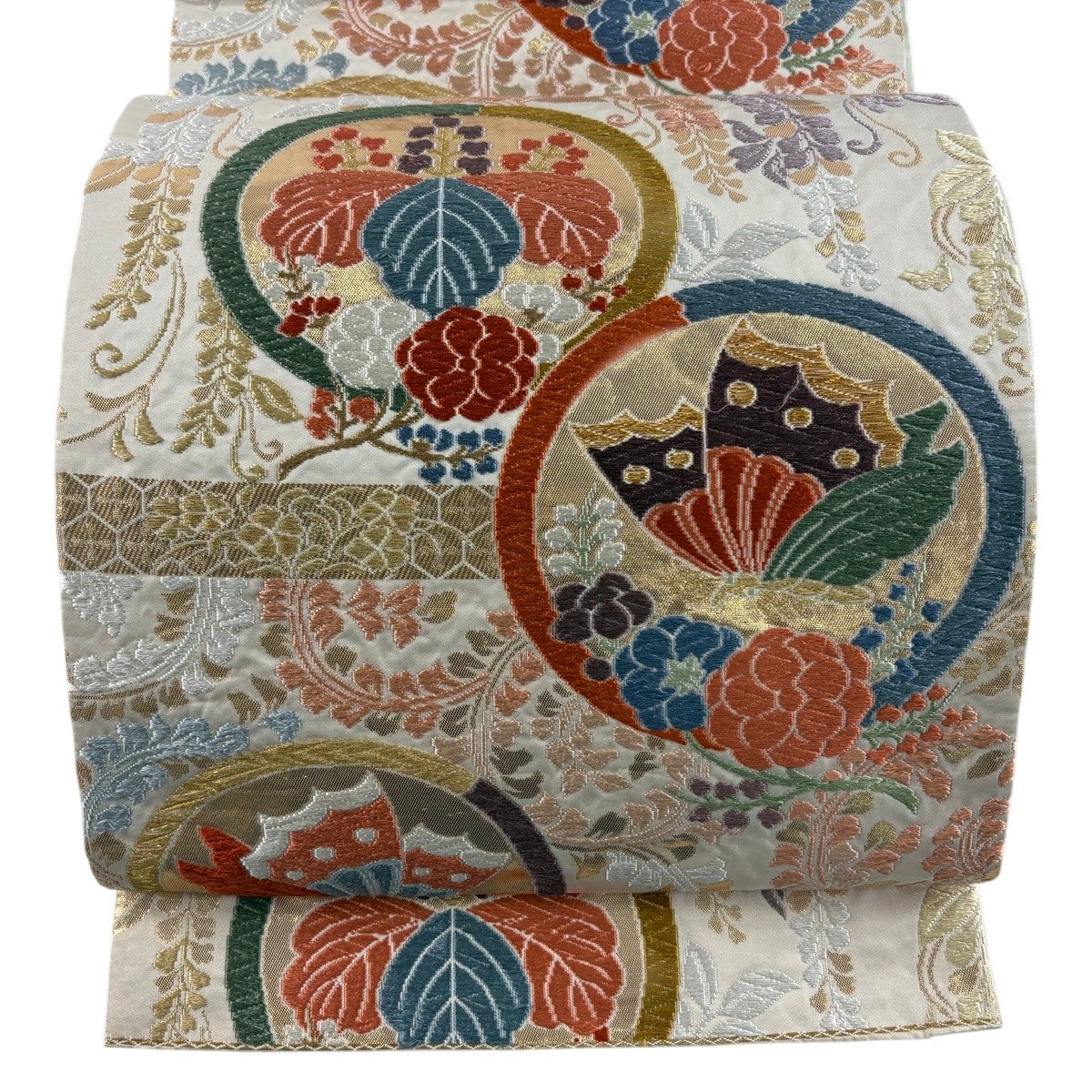美品】 袋帯 秀品 七宝文 桜 唐織 金糸 金色 六通 正絹｜中古・古着