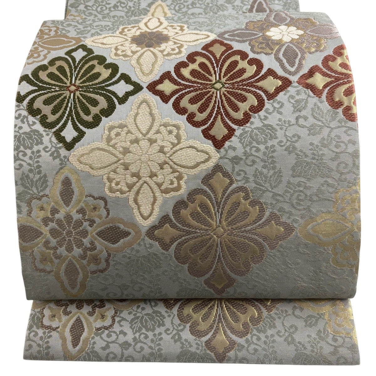 美品】 開き名古屋帯 秀品 花菱 花唐草 箔 唐織 灰色 正絹｜中古・古着