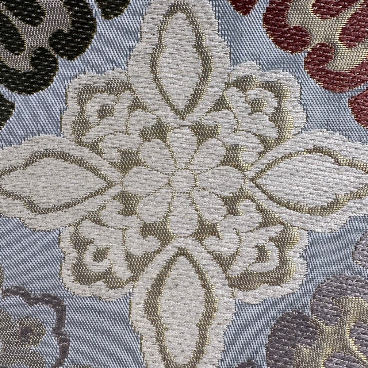 OliviaMoon様　［ 名古屋帯 ］正絹　青みのグレー　花菱　花唐草　着物 美品】 開き名古屋帯 秀品 花菱 花唐草 箔 唐織 灰色 正絹｜中古・古着